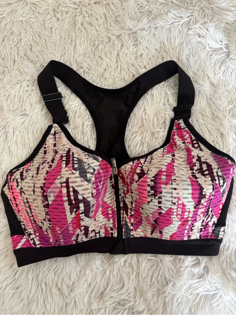 VSX Front-Zip High-Impact Sports Bra in Pink & Black Abstract